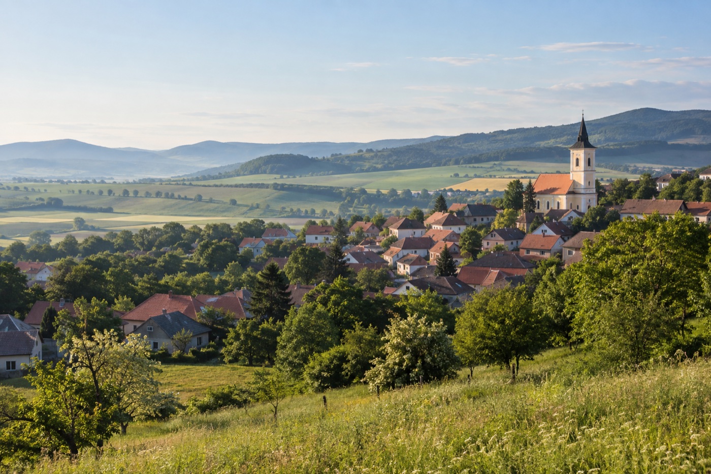 Ilustračný pohľad na mestečko v krajine južného Slovenska